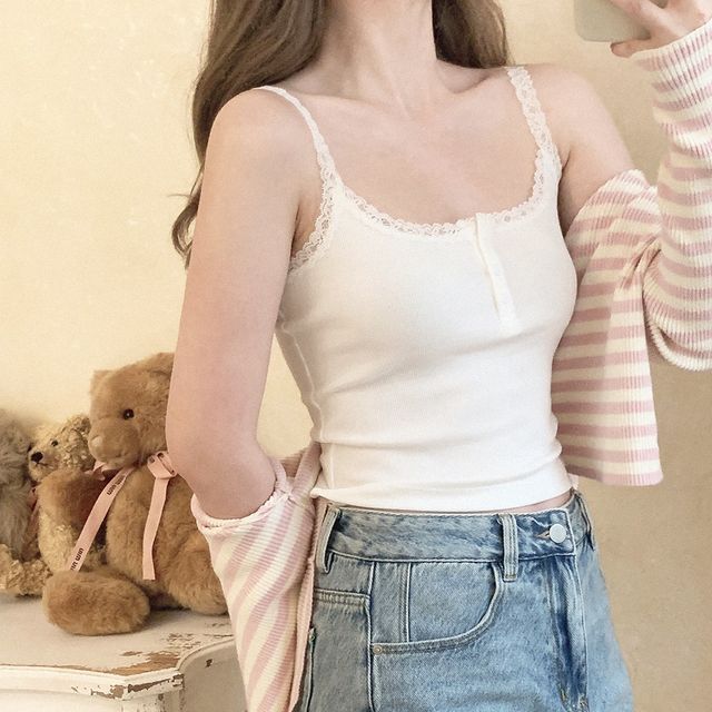 Glotto-Lace Trim Plain Camisole Top