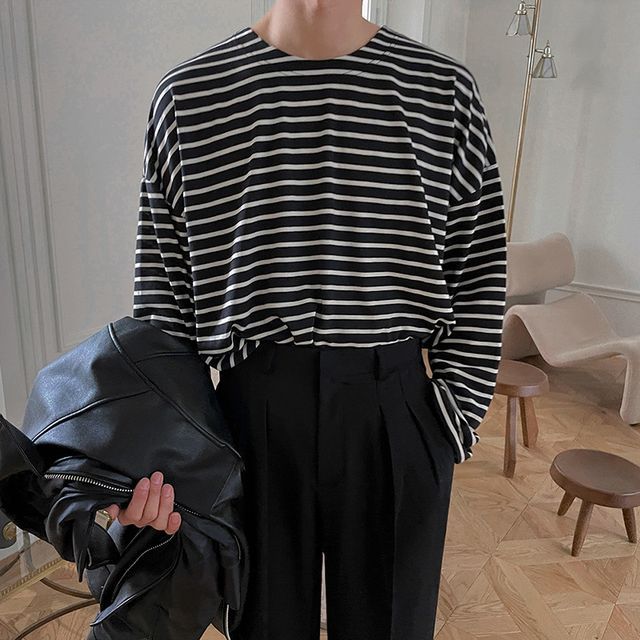 Omozando-Long-Sleeve Crew Neck Striped T-Shirt