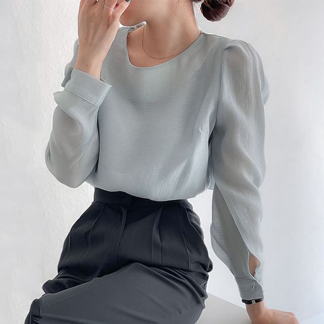 Coris-Long-Sleeve Crewneck Plain Blouse