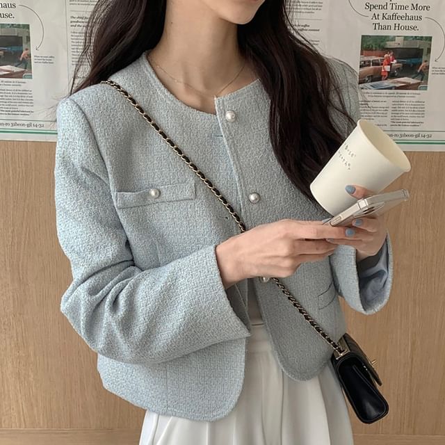 Coris-Round Neck Plain Faux Pearl Button Jacket