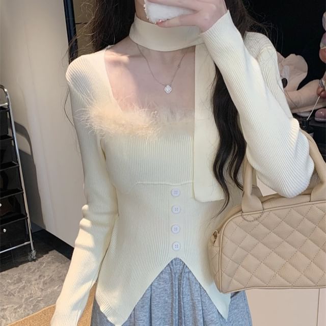 Allinya-Square Neck Plain Fluffy Trim Front-Slit Sweater