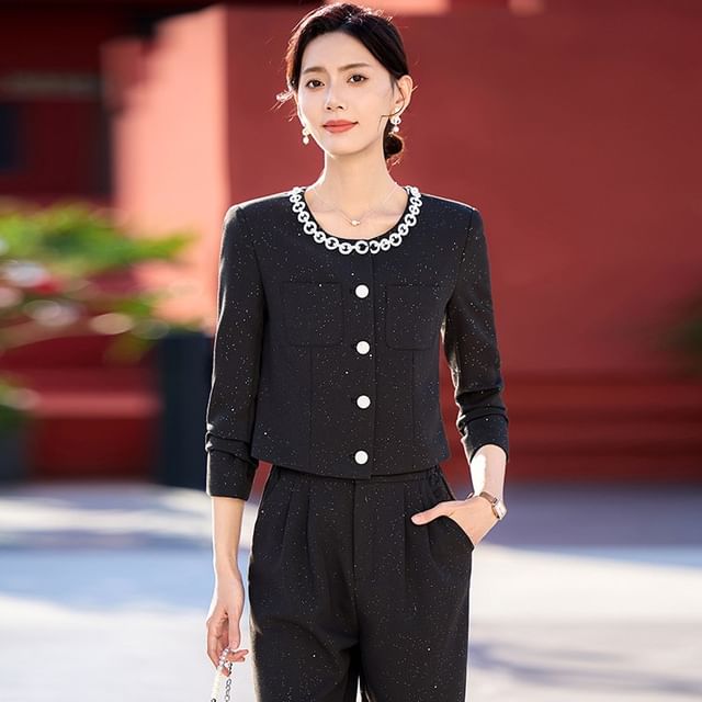 Skyheart-Round Neck Glitter Rhinestone Button Jacket High Waist Wide Leg Pants Set
