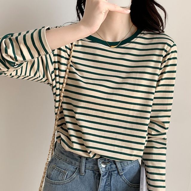 Magimomo-Long-Sleeve Round Neck Striped Tee