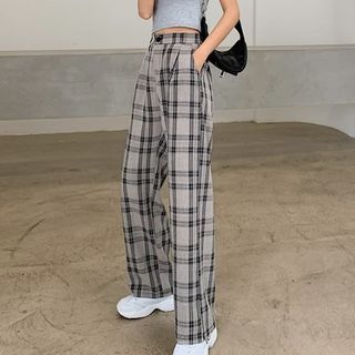 High-Waist Plaid Wide-Leg Pants 