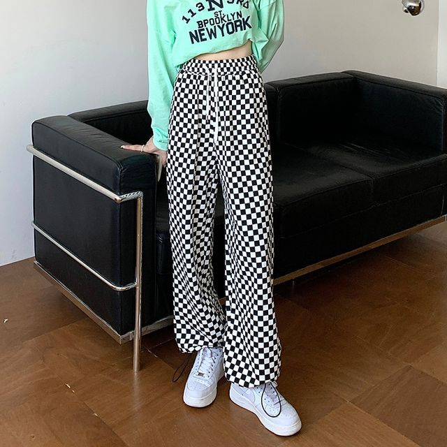 Everose-Check High Waist Wide Leg Pants
