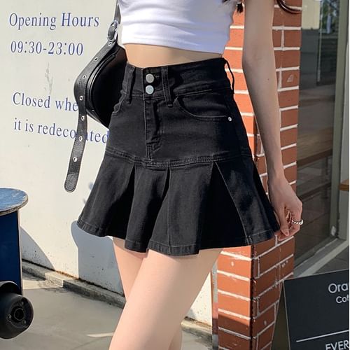 Pleated Denim Mini Skirt