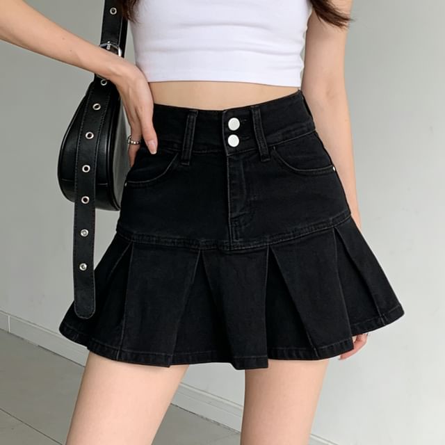 Denimot-Mini-jupe trapèze en denim uni plissé à taille haute