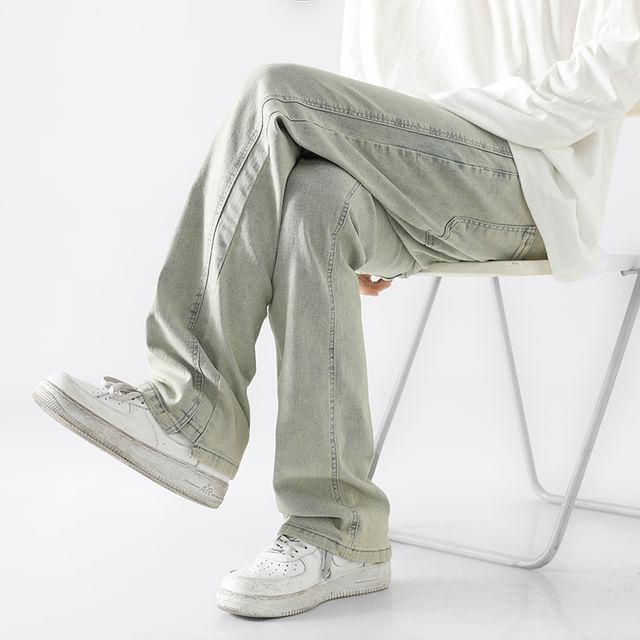 YERGO-Mid Rise Panel Straight Leg Jeans