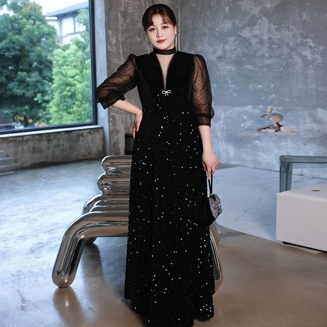 uliaque - Plus Size 3/4-Sleeve Sequin A-Line Evening Gown | YesStyle