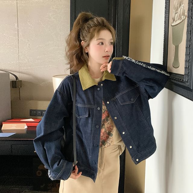 Tzarkozy-Contrast Collar Washed Button-Up Denim Jacket