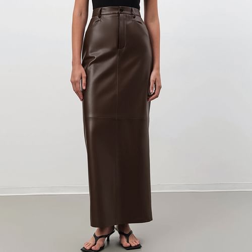 Shantaulpe - High Waist Plain Faux Leather Slit Maxi Pencil Skirt