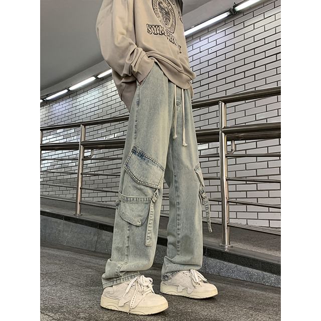 Naideth-Drawstring Waist Washed Loose Fit Cargo Jeans