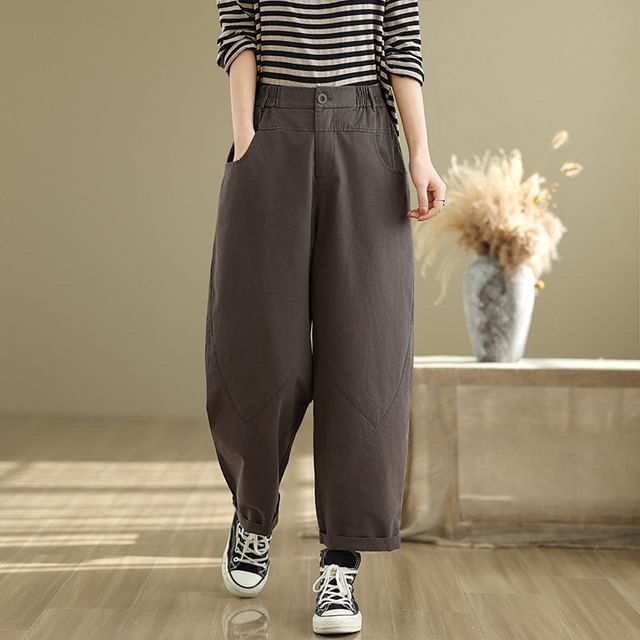 Lewwe-High Waist Plain Baggy Pants