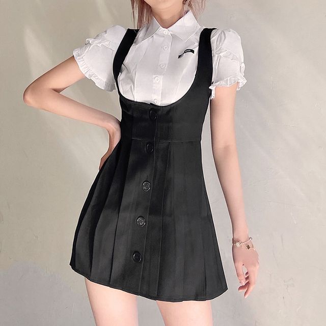 Sugarcoat - Short-Sleeve Ruffled Shirt / Button-Up Mini Overall Dress ...