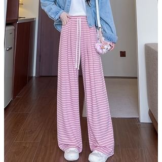 evanesce-High Waist Drawstring Horizontal Stripe Pocketed Baggy Pants