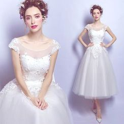 Angel Bridal - Cap-Sleeve Tea-Length Wedding Dress