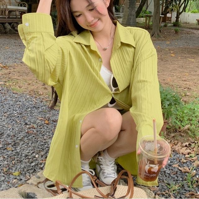 Jesong-Long-Sleeve Collared Plain Oversized Shirt