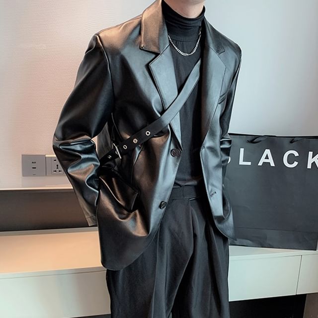 Freehop-Buckled Faux Leather Blazer