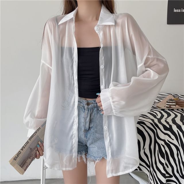 Shinsei-Plain Sheer Shirt Cropped Cami Top
