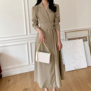 Bakli Peak Lapel Plain Buttoned Wrap Midi A Line Blazer Dress Sale