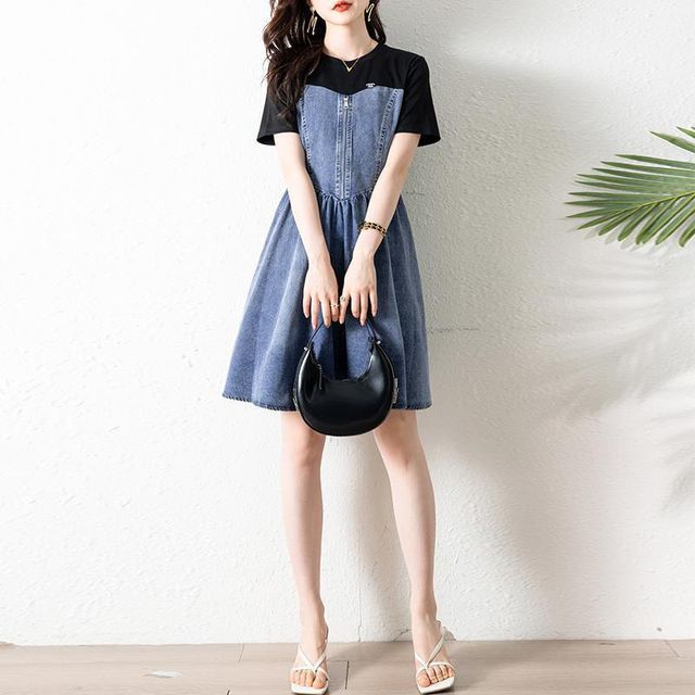 Folifa - Short-Sleeve Crew Neck Washed Zip Panel Mini A-Line Denim Dress |  YesStyle