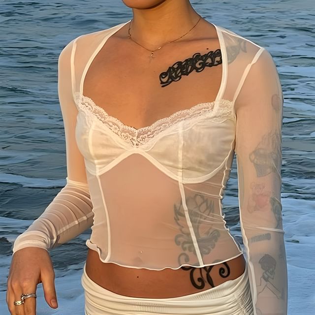Hotarium-Langärmliges Crop-Top mit Mesh-Einsatz