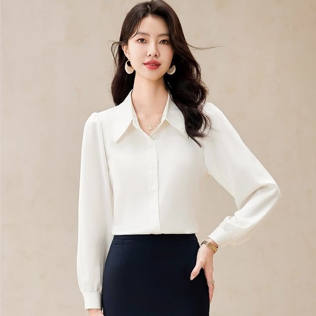 Skyheart-Long Sleeve Collared Plain Bowknot Blouse