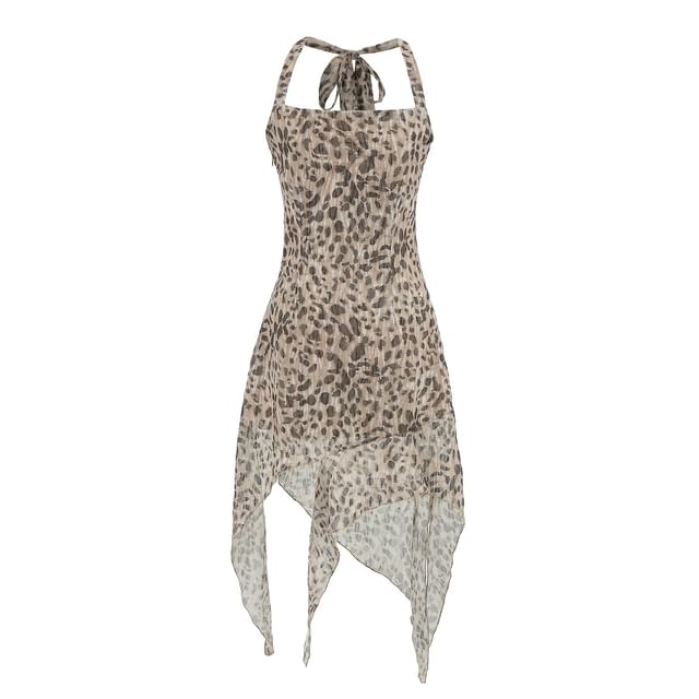 Asiris-Halter Leopard Print Asymmetrical Bodycon Dress