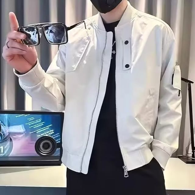 Blueforce-Stand Collar Plain Zip Bomber Jacket
