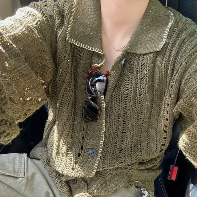 Urtishia-Collared Contrast Stitched Perforated Button-Up Cardigan