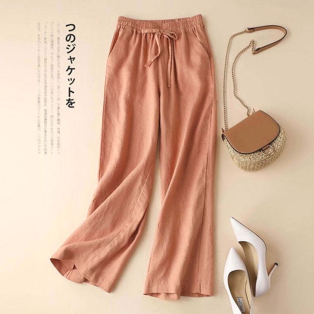 Lewwe-Drawstring Waist Plain Loose Fit Pants