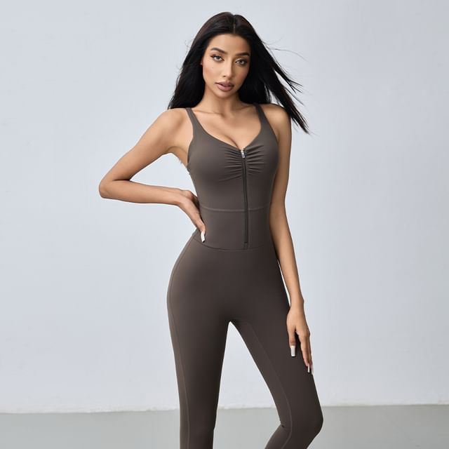 CUCURBIT-Sleeveless V-Neck Plain Ruched Zip Yoga Jumpsuit
