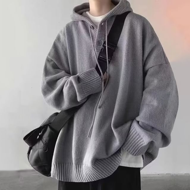 GRAYCIOUS-Lightweight Henley-Neck Knit Hoodie