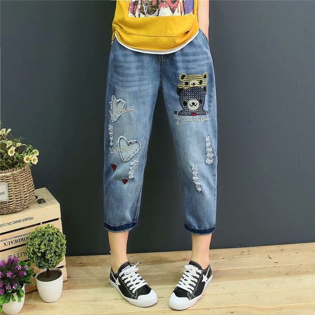 Mori Girls - Bear Embroidered Cropped Harem Jeans | YesStyle