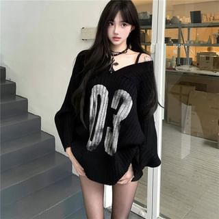 Malnia Home Long-Sleeve V-Neck Numbering Ribbed Sweater Sale