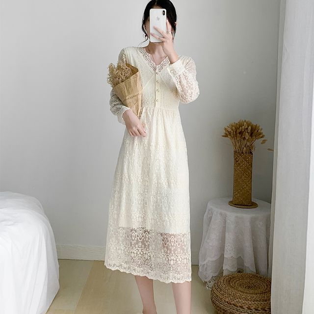 Everose - Long-Sleeve V-Neck Lace Midi A-Line Dress | YesStyle