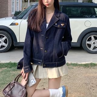 Trendycas-Notch Lapel Button-Up Denim Jacket Scoop Neck Contrast Trim Crop Tank Top High Waist Pleated Mini A-Line Skirt