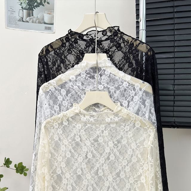 Lemongrass-Mock-Neck Sheer Lace Top