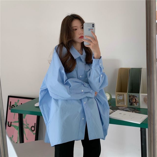 Sienne-Long-Sleeve Collared Plain Oversized Shirt