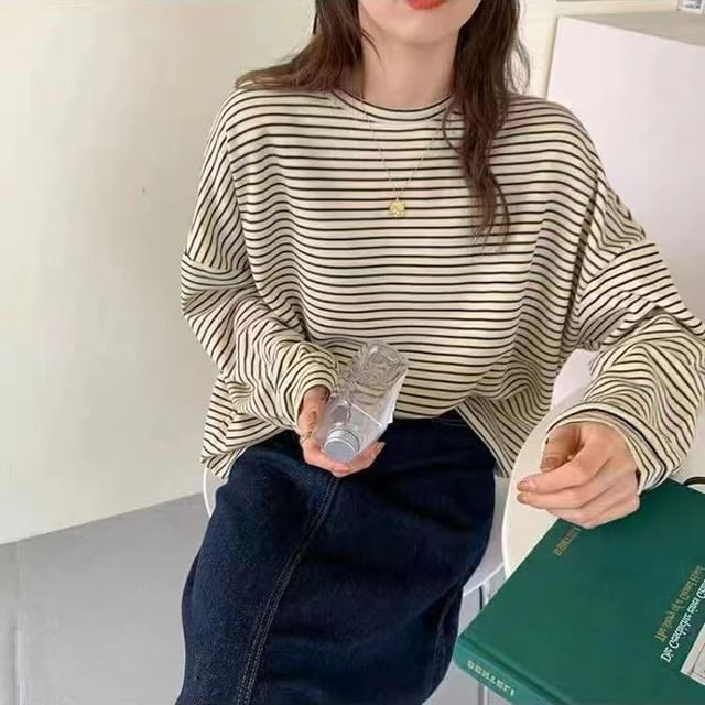 Everose-Long-Sleeve Crew Neck Striped T-Shirt