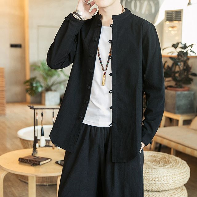Ninine-Long-Sleeve Crew Neck Frog Buttoned Linen Plain Shirt
