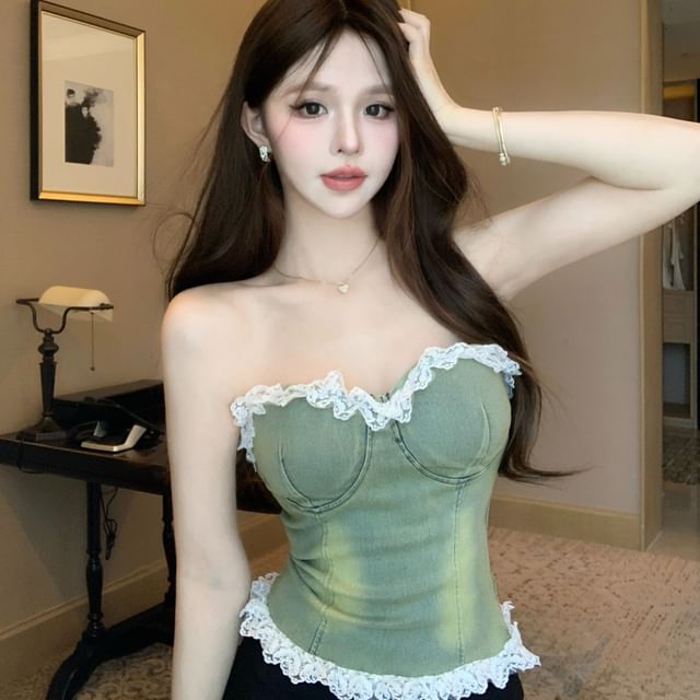 Whoosh-Strapless Lace Trim Denim Bustier Top