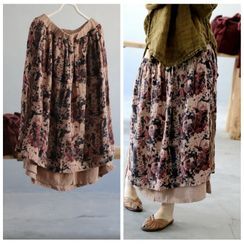 MOSOOM - Flower Print Maxi A-Line Linen Skirt