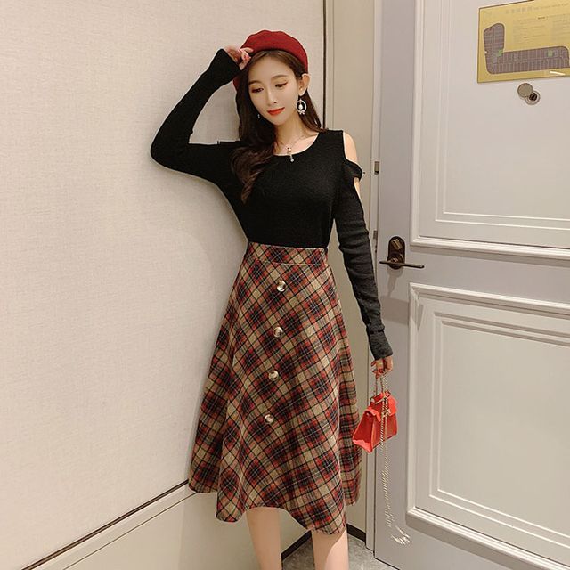 Everose-Plaid Midi A-Line Skirt