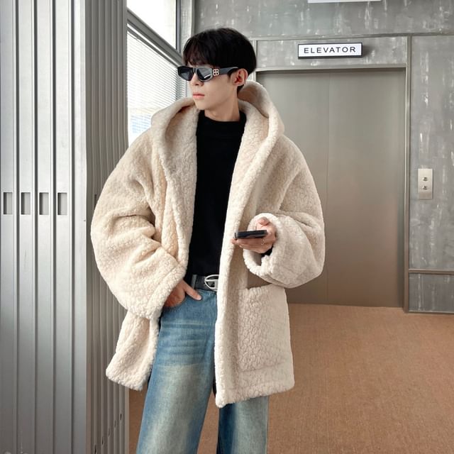 Freehop-Hooded Plain Fleece Single Breasted Coat