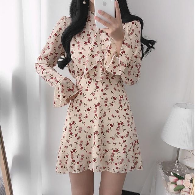 Tantelion - Long-Sleeve Mock Neck Floral Print Ruffle Mini A-Line Chiffon  Dress | YesStyle