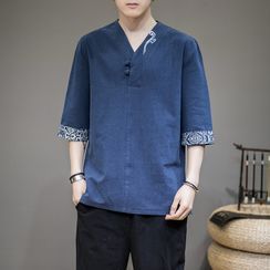 YAME - 3/4-Sleeve Frog-Buttoned V-Neck Linen Shirt
