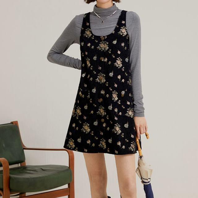 MIGU - Floral Corduroy Mini A-Line Overall Dress | YesStyle