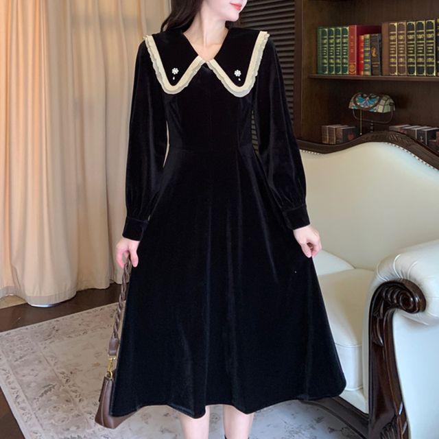 Erlington - Long-Sleeve Collared V-Neck Velvet Midi A-Line Dress | YesStyle