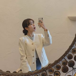 CHERRYKOKO-Buttoned Scalloped Tweed Jacket-One Size